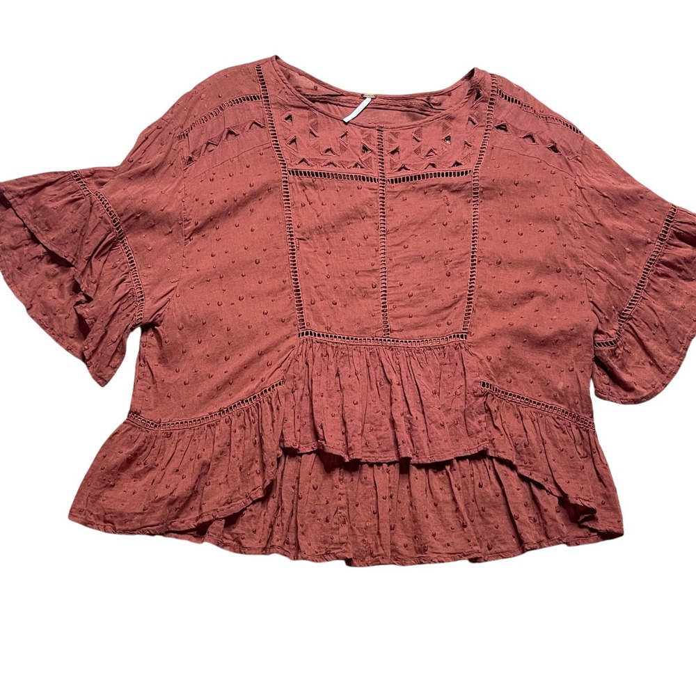 Free People Embroidered Swiss Dot Ruffle Layering Top‎ Blouse Boho Clay S